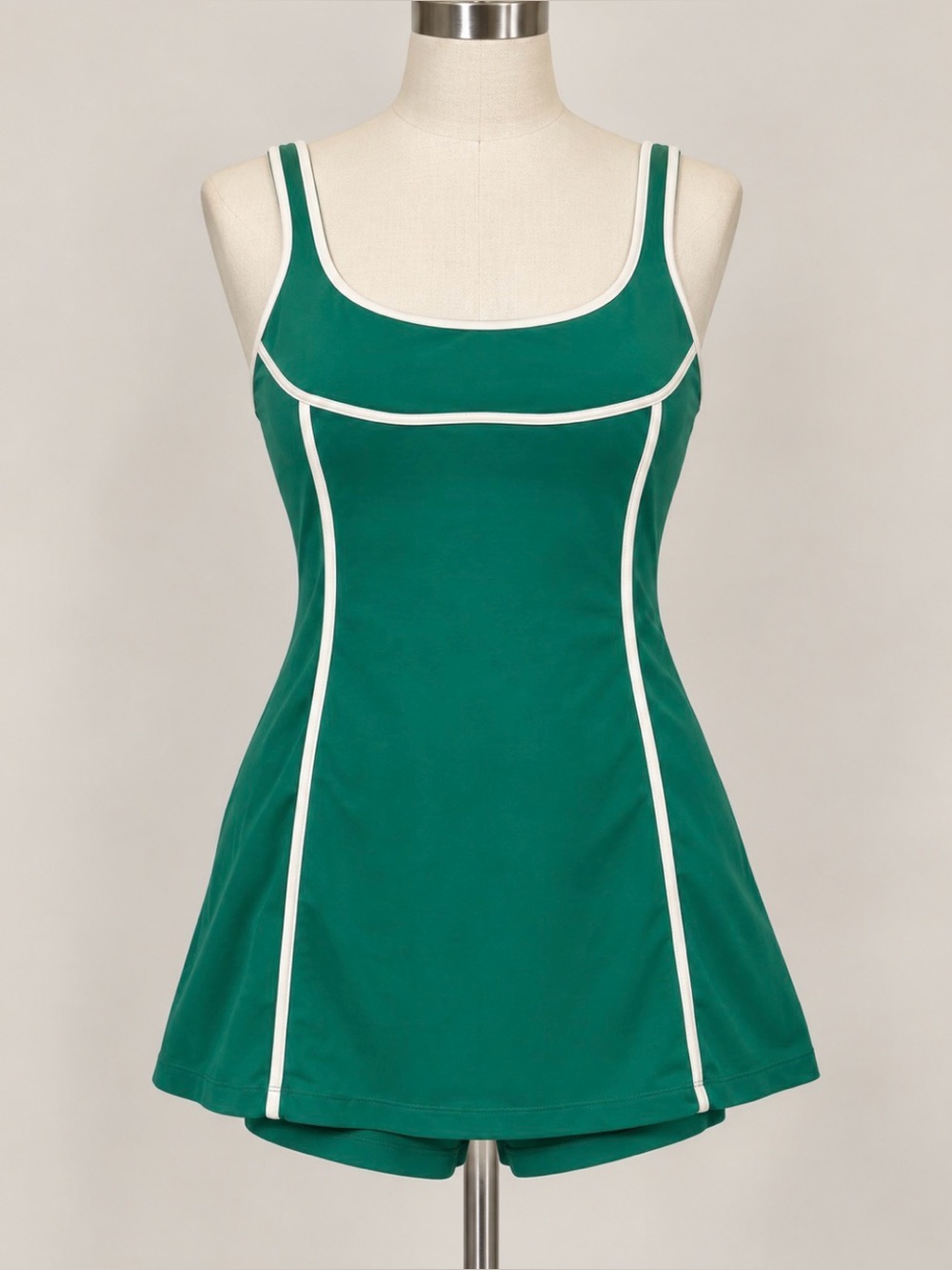 Green Scoop Neck Mini Dress with White Piping Anthropologie skirt